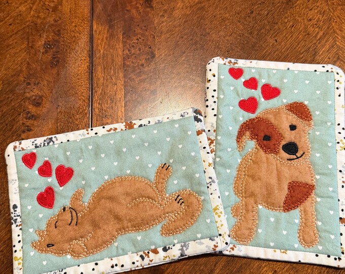 Puppy or Kitty Love Mug Rug/Coaster.  Appliqued and Embroidered.  5 x 7 inches
