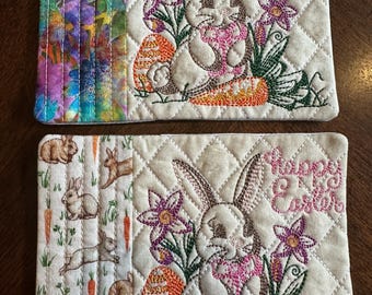 Happy Easter Bunny Mug Rug in 2 border designs.  Approximately 5 x 7 inches.  Embroidered. Ready to Ship