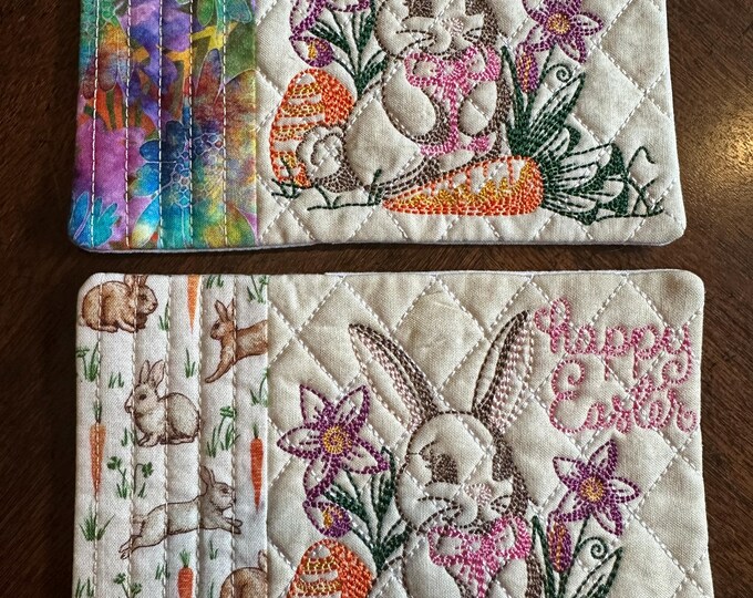 Happy Easter Bunny Mug Rug in 2 border designs.  Approximately 5 x 7 inches.  Embroidered. Ready to Ship