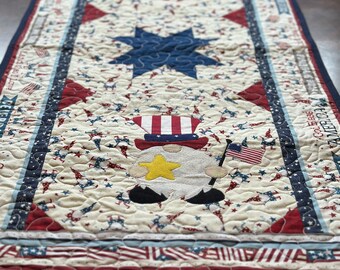 Patriotic Gnome Table Runner approximately (42 1/2 x 20 1/2 inches).  Appliqued and Quilted