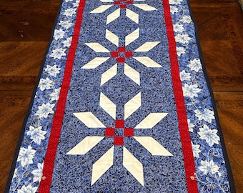 Winter Table Runner in blue and red.  Approximately 58 x 22.  Ready to ship