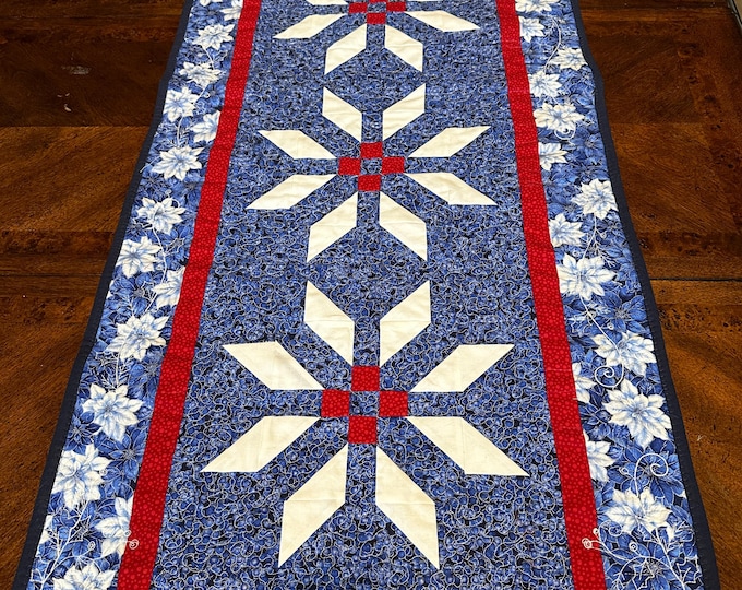 Winter Table Runner in blue and red.  Approximately 58 x 22.  Ready to ship