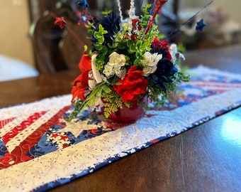 Patriotic Table Runner, Appliqued and quilted.  Approximately 15 x 47.  Ready to ship