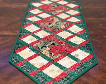 Poinsettia Christmas Table Runner: Quilted Holiday Decor (17" x 51")