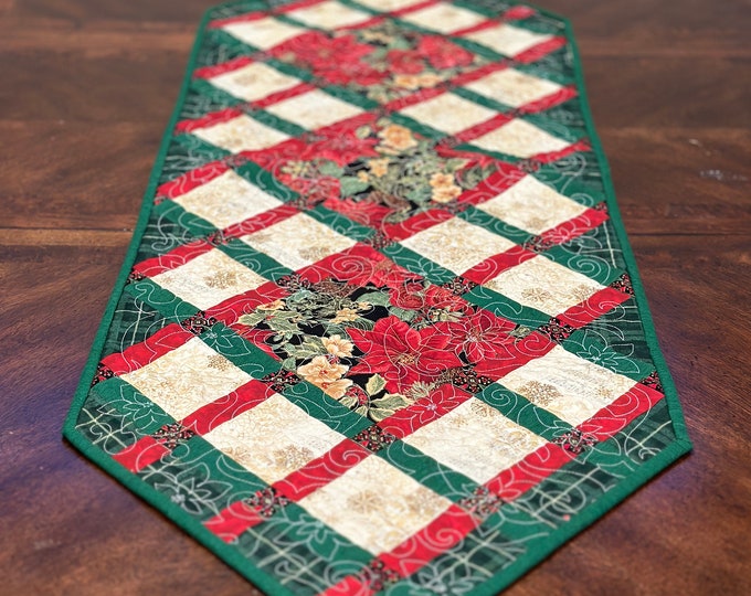 Christmas Table Runner, Poinsettia, Plaid, Red, Green and Cream,  Christmas Ribbons, Approximately (17" x 51")