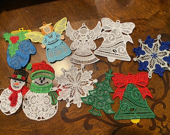 Lace Christmas Ornaments, Snowflakes, Snowman, Bells, Mittens, Trees, Bells, Embroidered