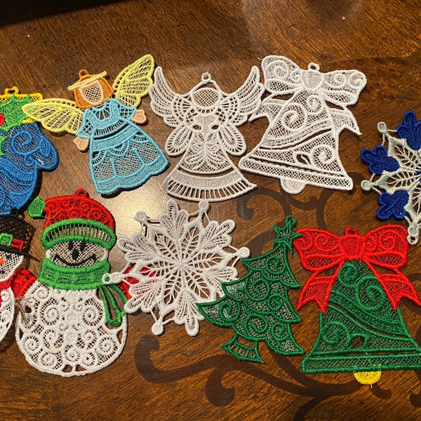 Lace Christmas Ornaments, Snowflakes, Snowman, Bells, Mittens, Trees, Bells, Embroidered