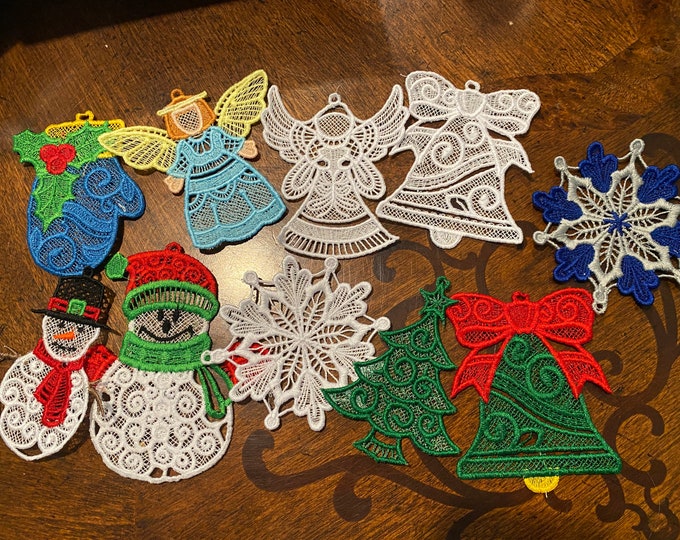 Lace Christmas Ornaments, Snowflakes, Snowman, Bells, Mittens, Trees, Bells, Embroidered
