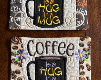 Coffee Flavored Mug Rug or coaster. Embroidered and Quilted (5x7)