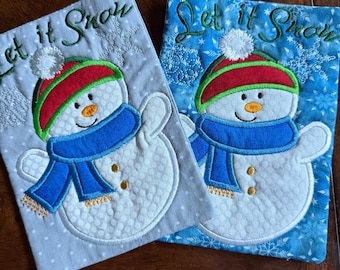 Let it Snow mug rug or coaster:  Quilted and Embroidered.  Multiple Colors.  5x7 inches