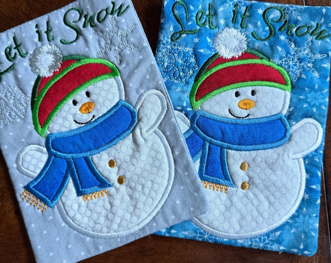 Let it Snow mug rug or coaster:  Quilted and Embroidered.  Multiple Colors.  5x7 inches