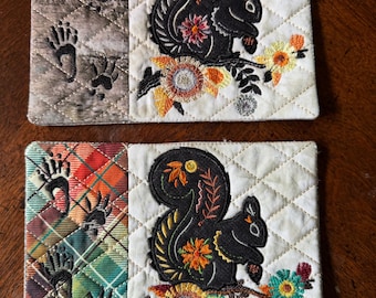 Squirrel Mug Rug Coaster in 2 colors.  Approximately 5 x 7