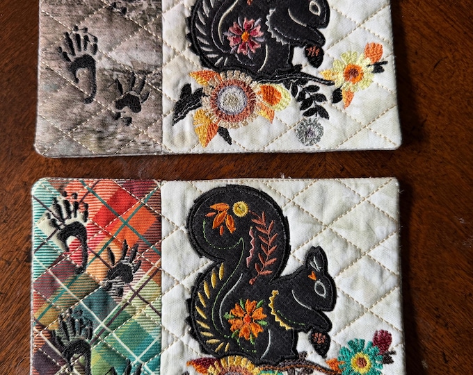 Squirrel Mug Rug Coaster in 2 colors.  Approximately 5 x 7