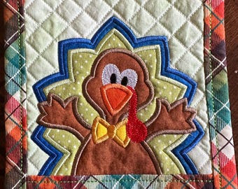 Wild Turkey, Hot Pad or Trivet, Approximately 7 1/2 inch square.  Embroidered and Quilted. Insulated Ready to Ship