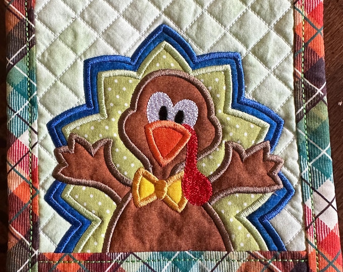 Wild Turkey, Hot Pad or Trivet, Approximately 7 1/2 inch square.  Embroidered and Quilted. Insulated Ready to Ship