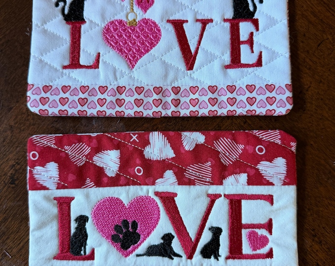 Kitty or Puppy Love Mug Rug/Coaster.  Approximately 5x7 inches.  Sold Separately