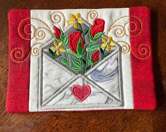 Valentines Rose Mug Rug, Embroidered Envelope Coaster.  5x7.