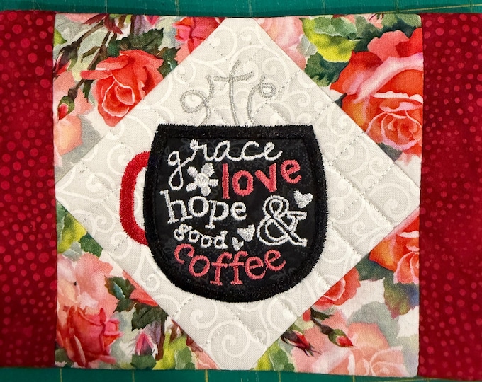 Grace and Coffee Mug Rug/Coaster.  Quilted and Embroidered.  5x7 inches