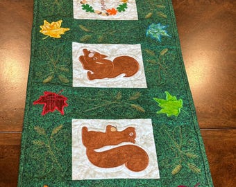 Thanksgiving Table Runner with Squirrels and center wreath.  Approximately 48 x 14 inches.  Ready to ship.