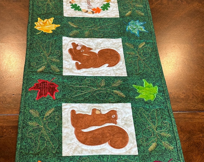 Thanksgiving Table Runner with Squirrels and center wreath.  Approximately 48 x 14 inches.  Ready to ship.