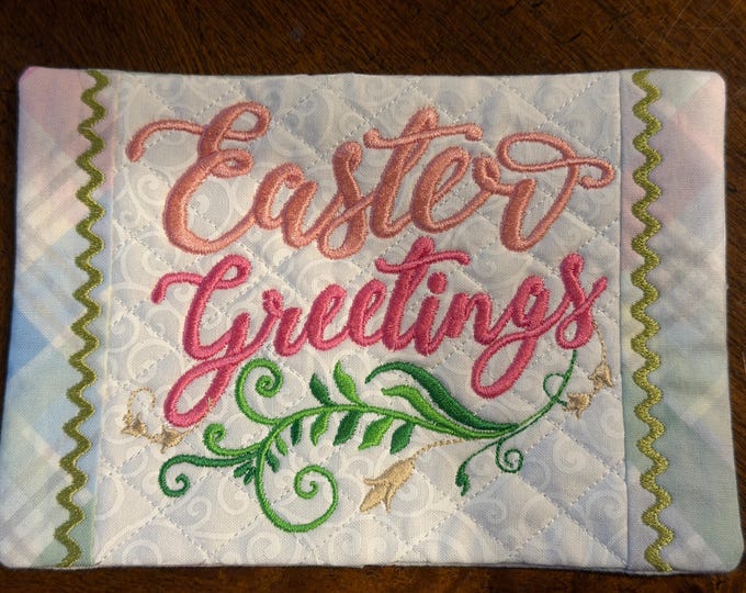 Easter Greetings Mug Rug.  Embroidered and Quilted.  5 x 7
