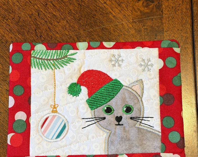 Kitty Ornament Christmas Mug Rug/Coaster:  Embroidered, Appliqued and Quilted.  5 x 7 inches.