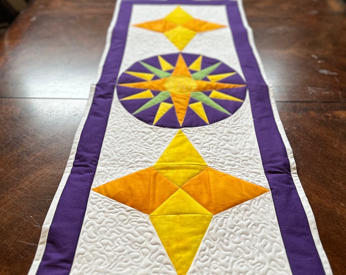 Table Runner, Compass, Quilted and Appliqued, Yellow, Green, Orange, Purple and White 16 x 41 inches