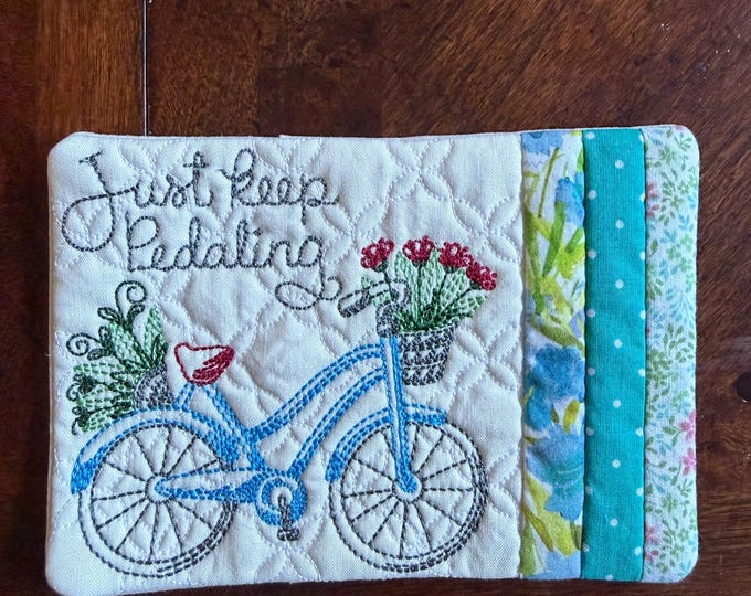 Motivation Bicycle Mug Rug, Appliqued Floral Coaster. 5x7 inches