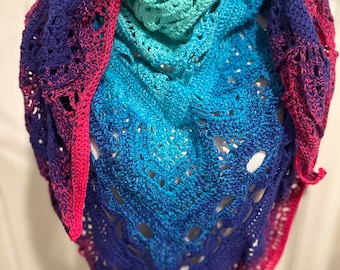 Triangle Shawl, Turquoise to Pink Ombre, Handmade crochet