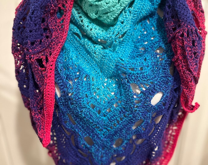 Triangle Shawl, Turquoise to Pink Ombre, Handmade crochet