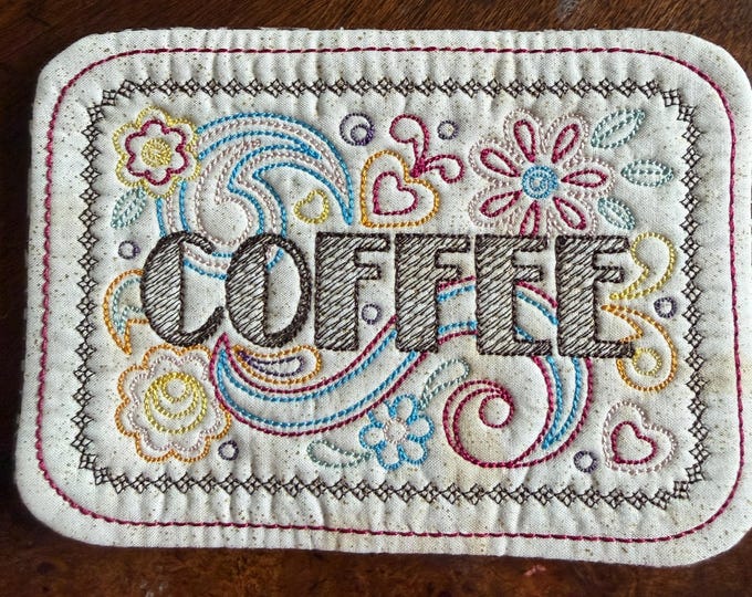 Coffee Doodle Mug Rug/Coaster.  Embroidered and Quilted.  Approx. 5 x 7 Inches