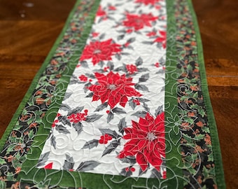 Poinsettia Christmas Table Runner.  Approximately 52 x 15 inches.  Quilted, Ready to ship