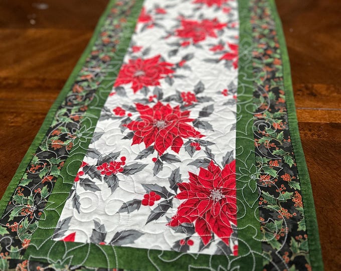 Poinsettia Christmas Table Runner.  Approximately 52 x 15 inches.  Quilted, Ready to ship