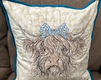 Girl Highland Cow Pillow with optional pillow insert.  Approximately 16-17 inches square (depending on pillow insert),  Ready to ship