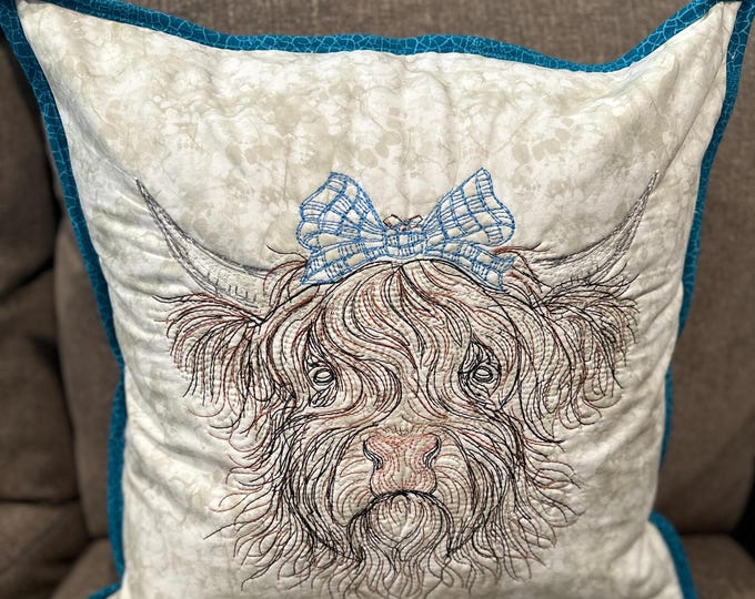 Girl Highland Cow Pillow with optional pillow insert.  Approximately 16-17 inches square (depending on pillow insert),  Ready to ship