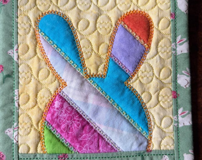 Easter Bunny Potholder or Trivet.  Embroidered, Quilted and Appliqued.  7.5 inch square.