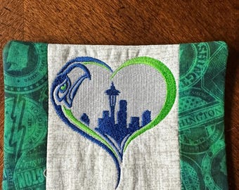 Seattle Seahawks Mug Rug or Coaster.  Seahawk logo in a heart.  Approximately 5 x 7.  Quilted and Embroidered.  Ready To Ship