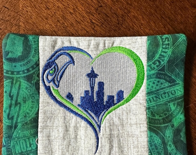Seattle Seahawks Mug Rug or Coaster.  Seahawk logo in a heart.  Approximately 5 x 7.  Quilted and Embroidered.  Ready To Ship