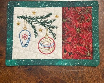 Christmas Mug Rug or Coaster:  Embroidered Pine bough with ornaments.  5x7 inches