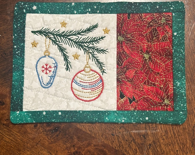 Christmas Mug Rug or Coaster:  Embroidered Pine bough with ornaments.  5x7 inches