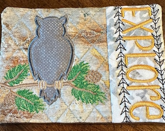Owl, Mug Rug, Coaster.  Approximately 5 x 7 inches.  Quilted and Embroidered.  Ready to Ship