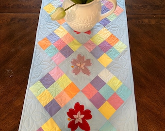 Flower Patch Table Runner.  Approximately 51 x 18.  Appliqued, Embroidered and Quilted.  Ready to Ship