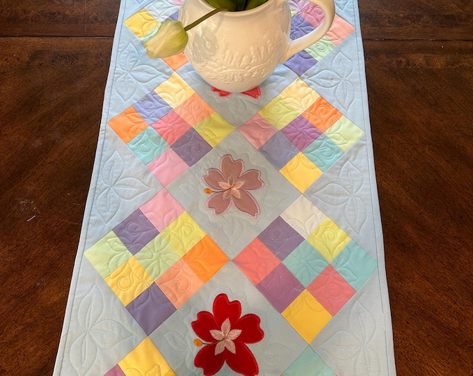 Flower Patch Table Runner.  Approximately 51 x 18.  Appliqued, Embroidered and Quilted.  Ready to Ship