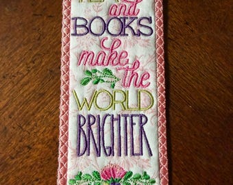 Tea and Books Bookmark.  Embroidered.  Approximately 7 inches.