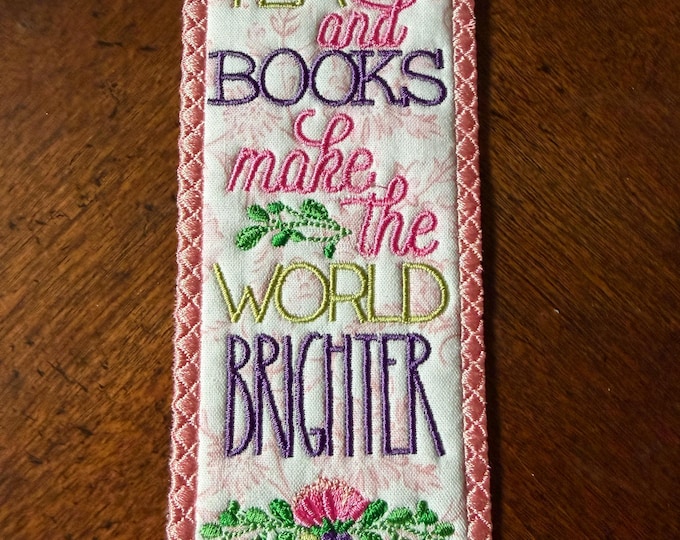 Tea and Books Bookmark.  Embroidered.  Approximately 7 inches.