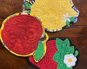 Fruity Quilted Coasters or Mug Rugs, Apple, Strawberry and Lemon, approximately 6 inches, Quilted, Appliqued and Embroidered.