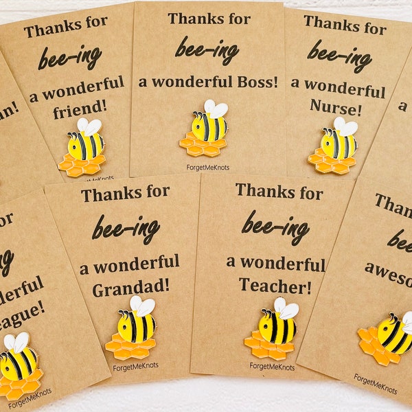 Multiple personalised enamel bee pin badges for work colleagues, bestfriend gifts and gifts for family