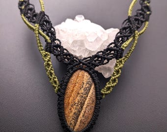Landscape Jasper Macrame Necklace – Natural Gemstone – Unique Boho Jewelry, Adjustable, Handmade in Black and Olive Green / Gift Idea for Women