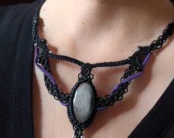 Collier macramé noir et violet avec cabochon et perles obsidienne argent,  perles rocailles argentées, cordon ajustable, fait main artisanal