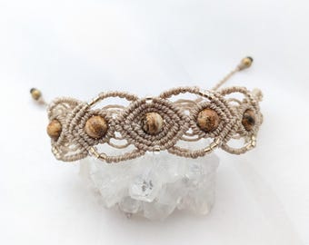 Bracelet Macramé Jaspe Paysage Pierre Fine, Fil Linhasita Beige, Laiton Brut, Ajustable, Création Artisanale Fait Main